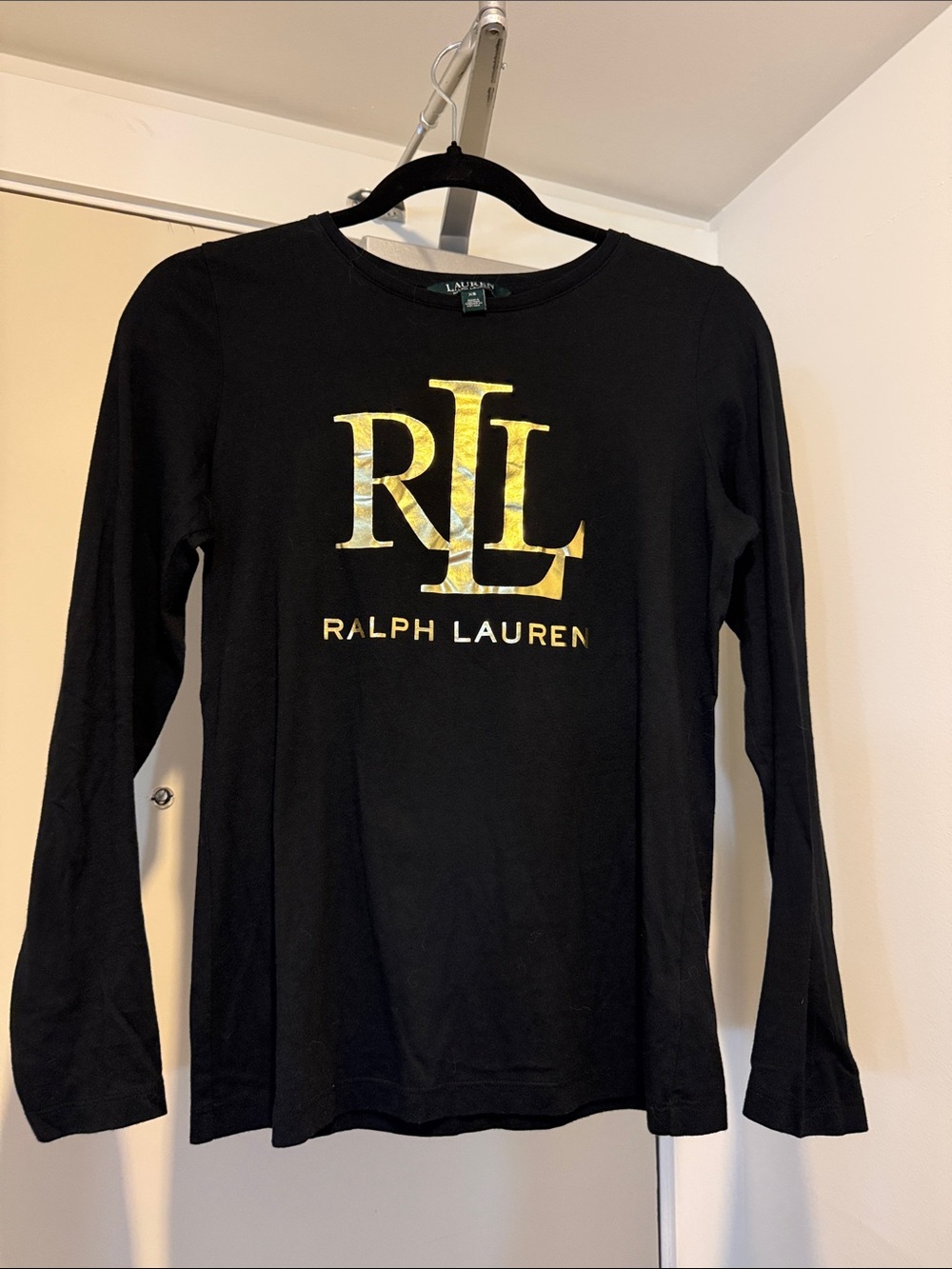 Ralph Lauren Black Long Sleeve Top with Gold RL Monogram